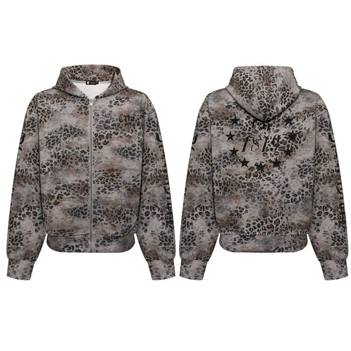 Women's hooded sweatshirt jacket with full zip and allover leopard print Mune Fashion