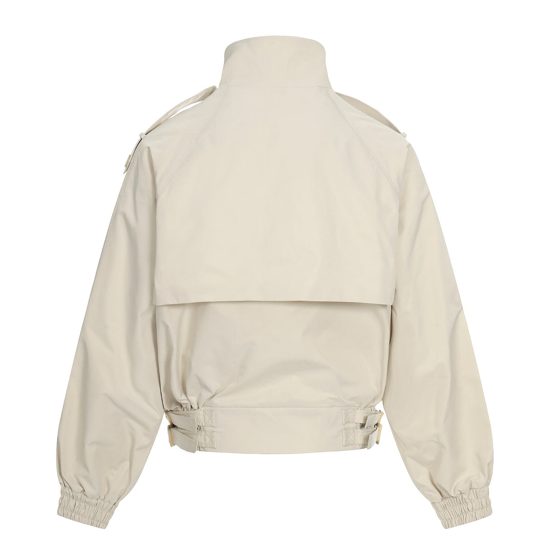Women's short-cut boxy trench coat with high funnel collar, shoulder flaps, and adjustable waist belt Mune Fashion