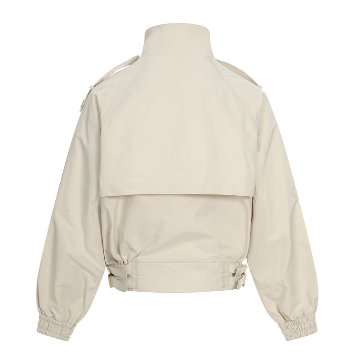 Women's short-cut boxy trench coat with high funnel collar, shoulder flaps, and adjustable waist belt Mune Fashion