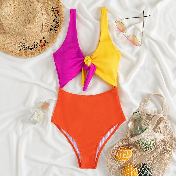 Women's One-Piece Swimsuit with Knot-Style Top and High Cut Legs Mune Fashion