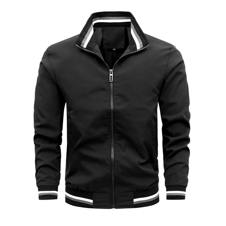 Men's Lightweight Bomber Jacket with Striped Ribbed Cuffs and Stand-Up Collar Mune Fashion