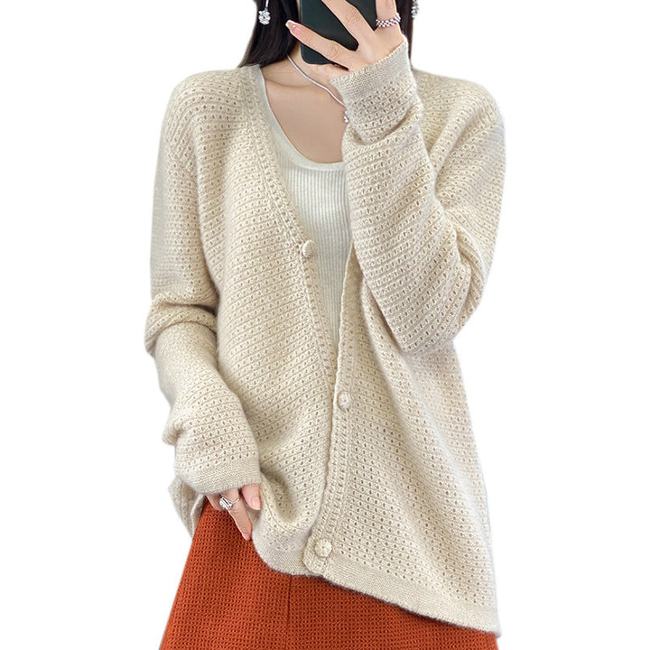 Women's Open Ajour Knit Cardigan with Subtle Plush Finish and Boxy Oversize Silhouette Mune Fashion