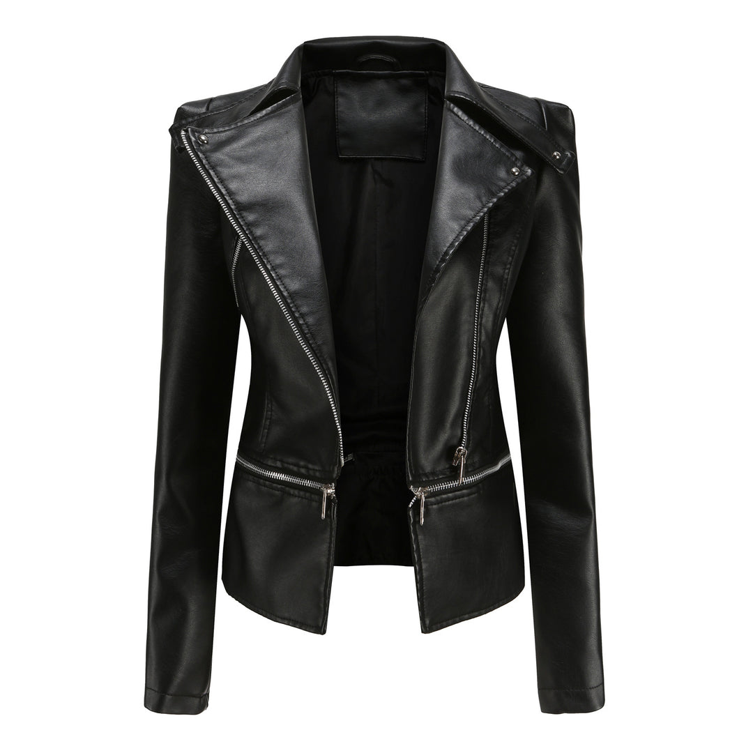 Women nan tailored biker jacket made of faux leather with asymmetric zipper and decorative epaulettes Mune Fashion
