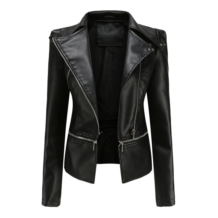 Women's fitted faux leather biker jacket with asymmetric lapel collar Mune Fashion