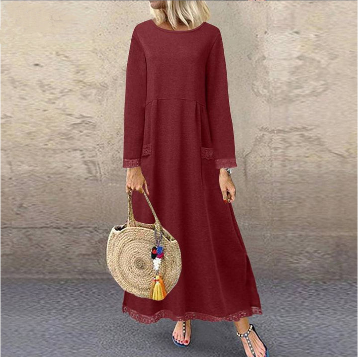 Ladies nan maxi dress with loose A-line cut, round neckline, patch pockets, and delicate lace trim Mune Fashion