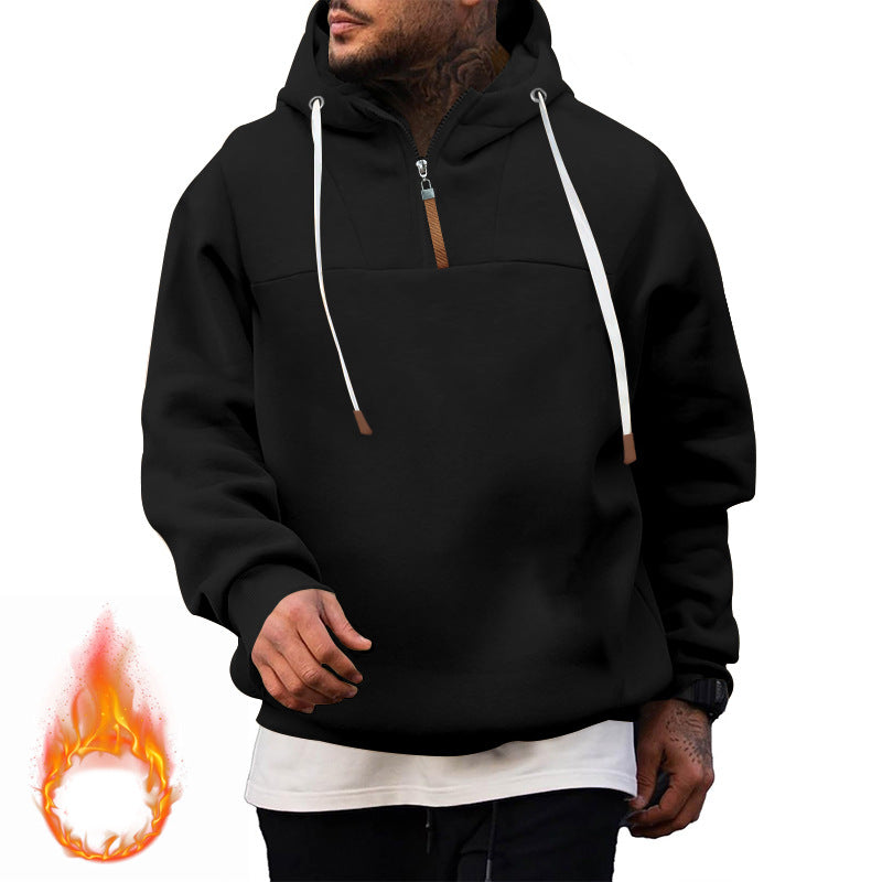 Men's Fleece Half-Zip Hoodie with Hood, Drawstring, and Elastic Cuffs Mune Fashion