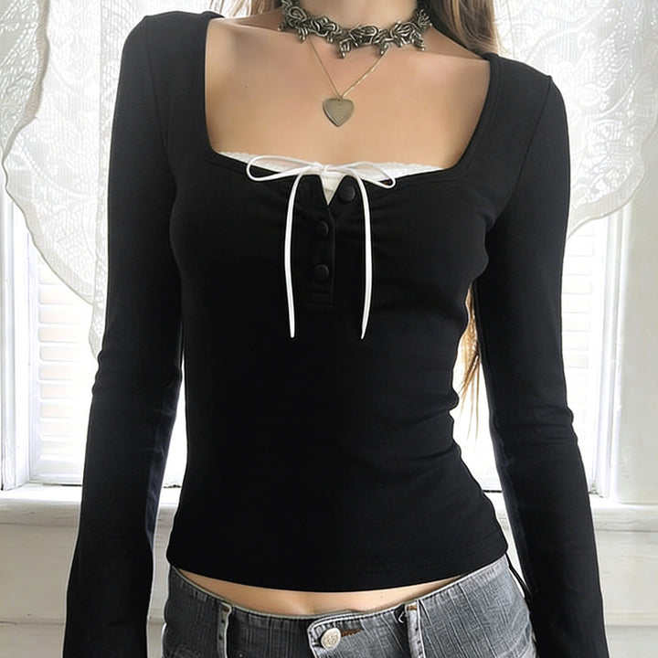 Women Fitted Long Sleeve Cami with Round Neckline, Button Placket and Decorative Tie Mune Fashion and Mune Fashion