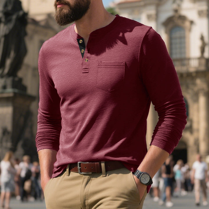 Men's narrow cut Henley shirt with breast pocket and contrasting button placket Mune Fashion