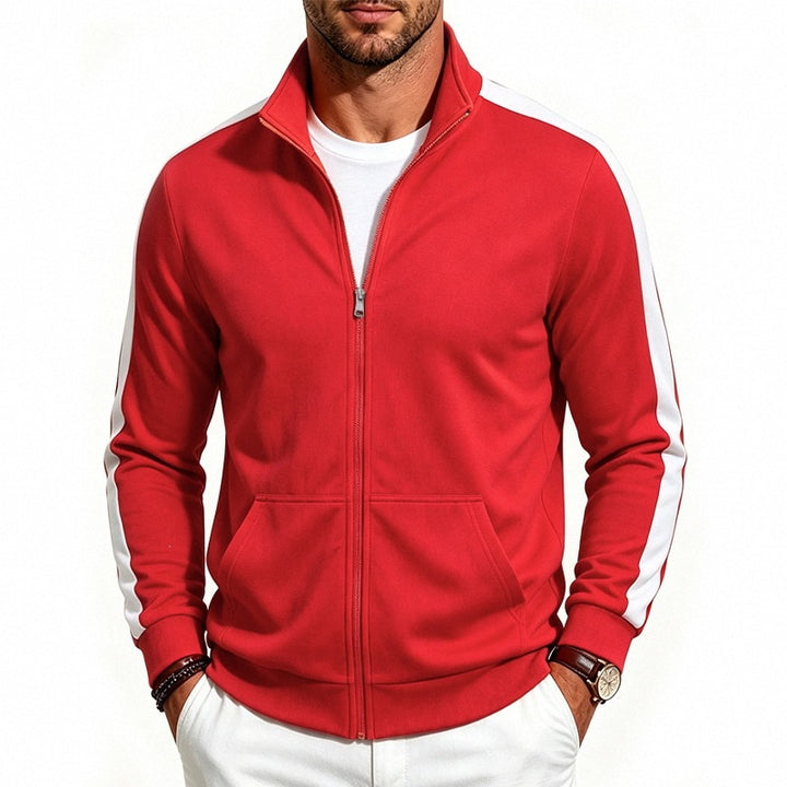 Men's Retro Track Jacket with Contrast Stripes and Stand-Up Collar Mune Fashion