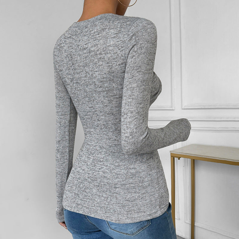 Women's Fitted Long Sleeve Ribbed Shirt with Front Knot and Round Neckline Mune Fashion