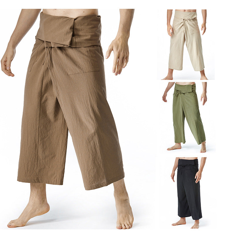 Men's loosely fitted linen harem pants with high foldover waistband and patch pockets Mune Fashion
