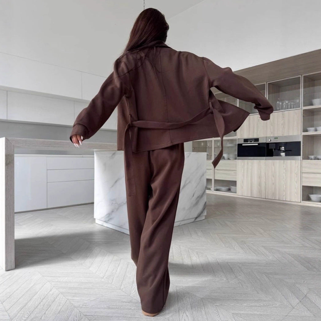 Women Two-Piece Loungewear Set with Fitted Blouson, Tied Belt and Wide Palazzo Pants Mune Fashion