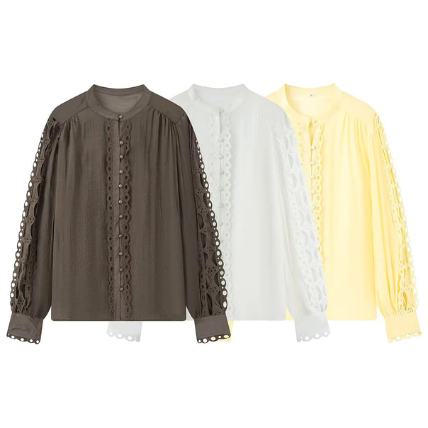 Women nan romantic blouse with lace sleeves, gathered balloon sleeves and decorative button placket Mune Fashion