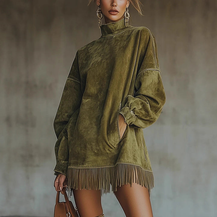 Women's oversized suede-look tunic with stand-up collar and fringes Mune Fashion