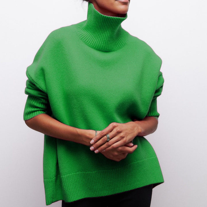 Women Cozy Oversized Turtleneck Sweater with Concealed Side Slits and Extra Long Ribbed Hem Mune Fashion