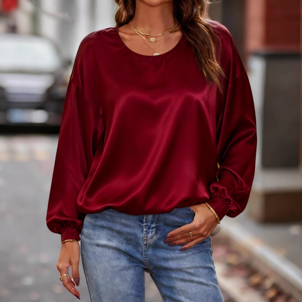 Women's Shiny Satin Blouse with Round Neckline and Balloon Sleeves Mune Fashion