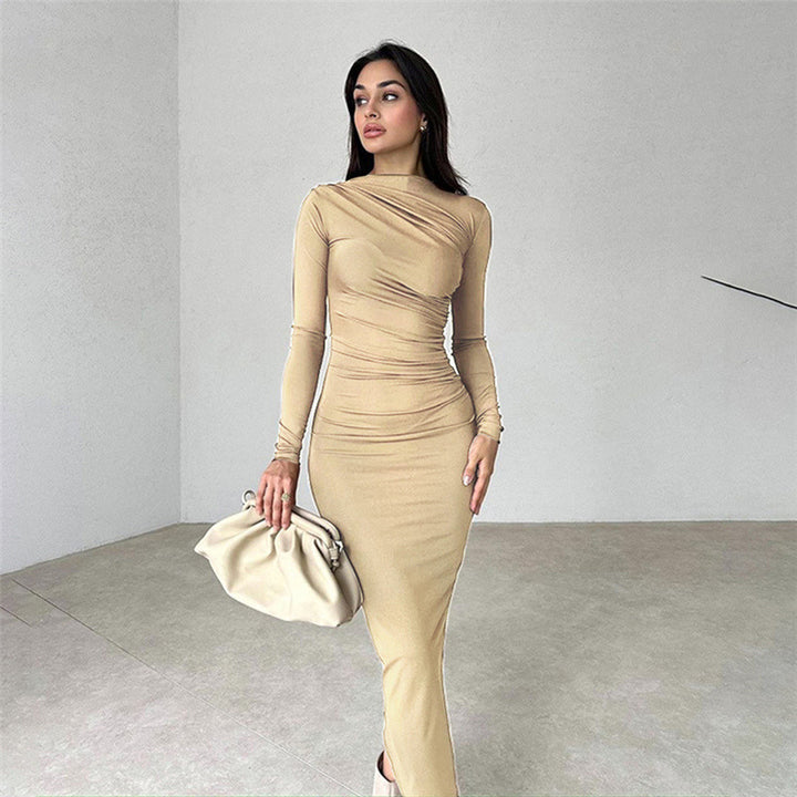 Women's gathered maxi dress with asymmetrical neckline and fitted silhouette Mune Fashion