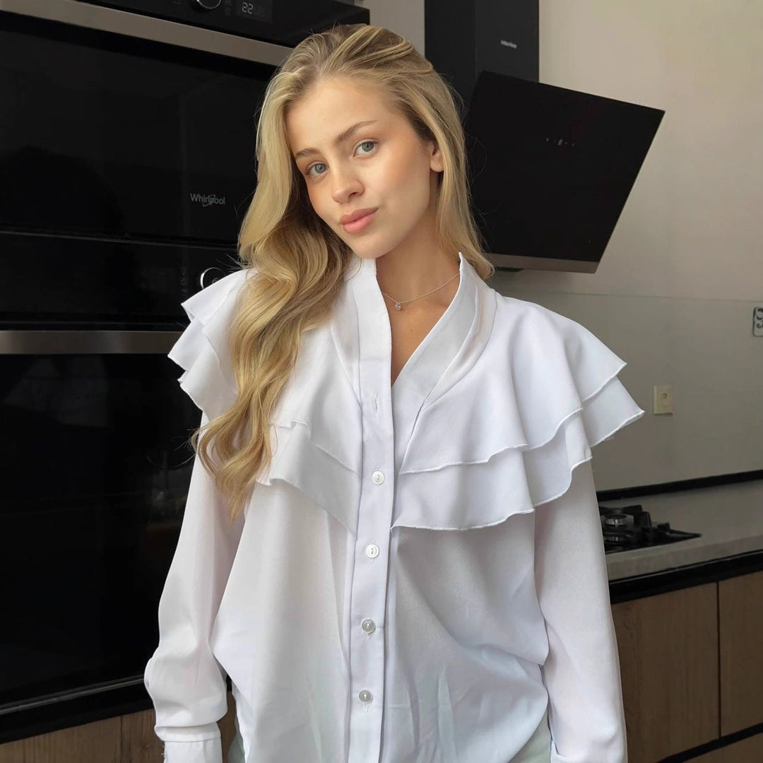 Women's chiffon blouse with layered ruffle and pearl buttons Mune Fashion