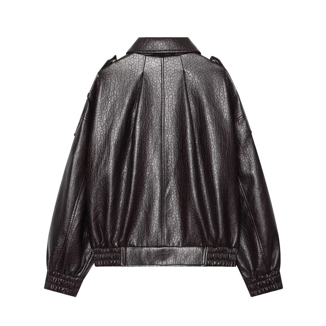 Women's Oversized Faux Leather Bomber Jacket with Epaulettes and Gathered Hem Mune Fashion