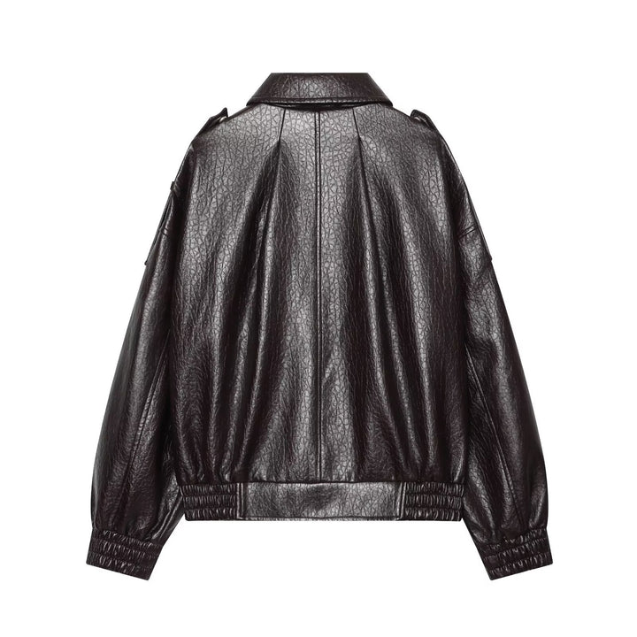 Women's Oversized Faux Leather Bomber Jacket with Epaulettes and Gathered Hem Mune Fashion