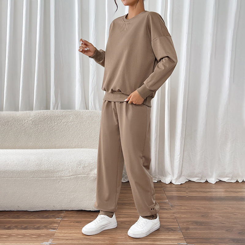 Women Casual Sweat Set with Oversized Crew Neck and High Waist Pants with Button Cuff Mune Fashion