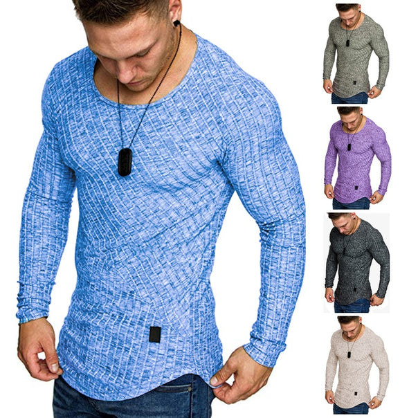 Men's Fitted Textured Knit Long Sleeve Sweater with Round Neck Mune Fashion