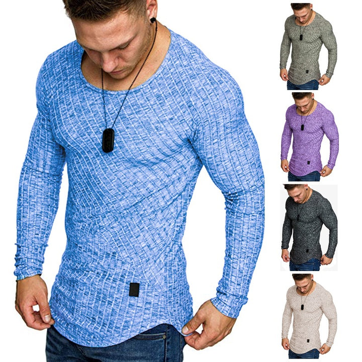 Men's Fitted Textured Knit Long Sleeve Sweater with Round Neck Mune Fashion