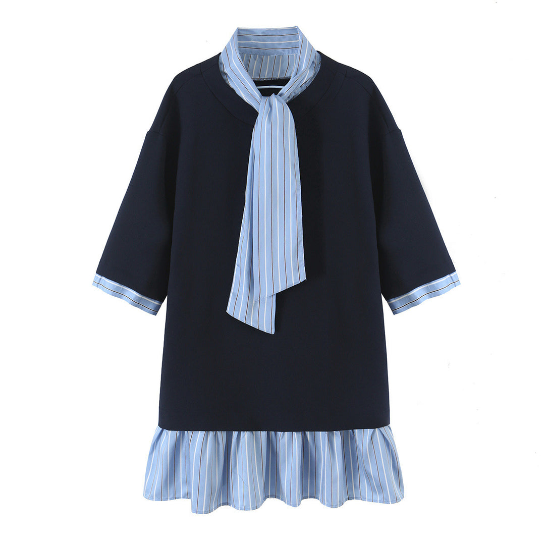 Women's A-Line Dress with Neck Scarf, Half-Length Sleeves and Ruffle Hem