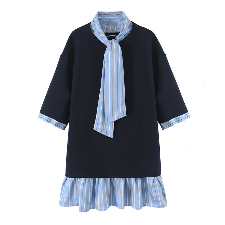 Women's A-Line Dress with Neck Scarf, Half-Length Sleeves and Ruffle Hem