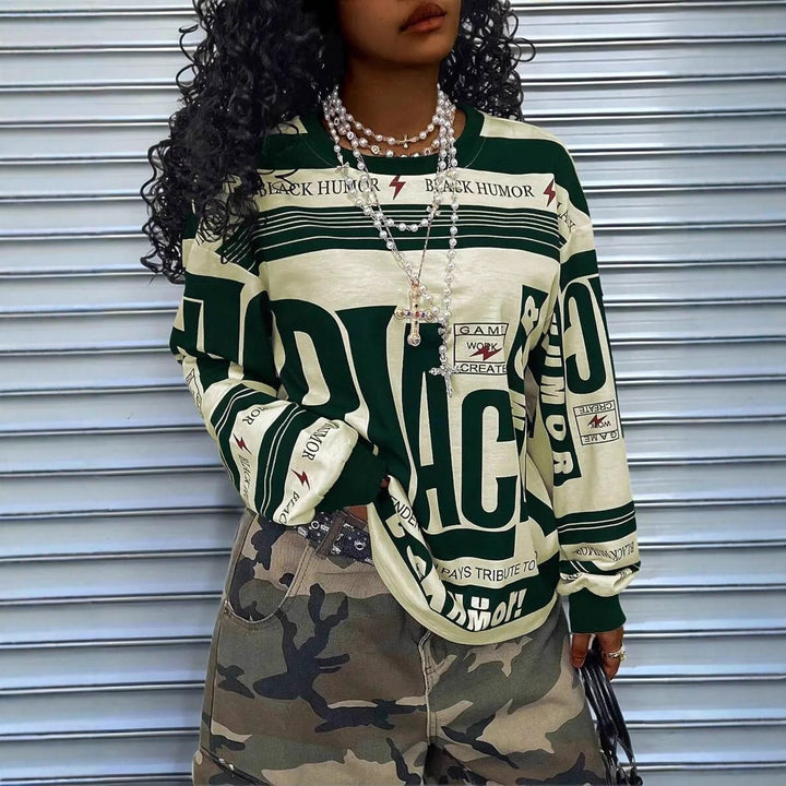 Women's Oversize Long Sleeve Sweatshirt with Allover Graphic, Round Neck and Ribbed Cuffs Mune Fashion