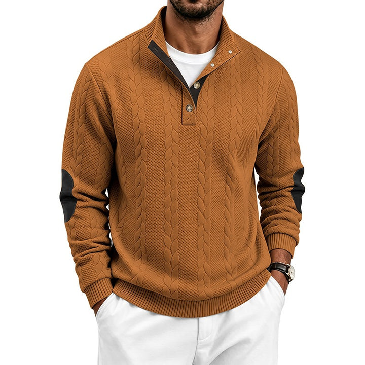 Men's knitted sweater with cable pattern, stand-up collar and elbow patches Mune Fashion