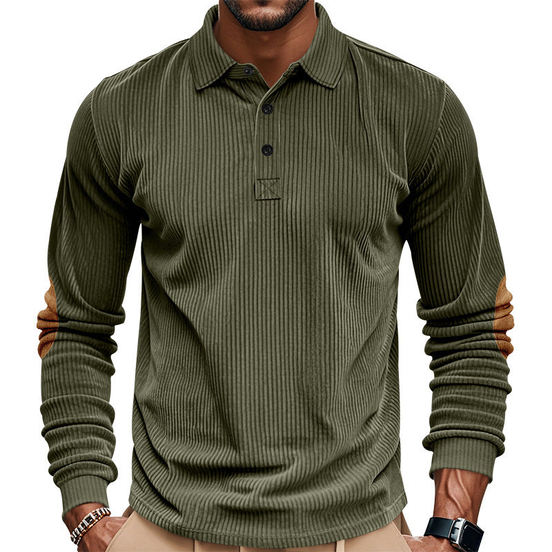 Men's heavy ribbed cotton polo sweater with Kent collar, triple button placket, and suede elbow patches Mune Fashion