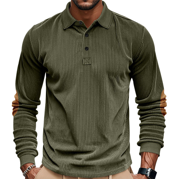 Men's heavy ribbed cotton polo sweater with Kent collar, triple button placket, and suede elbow patches Mune Fashion