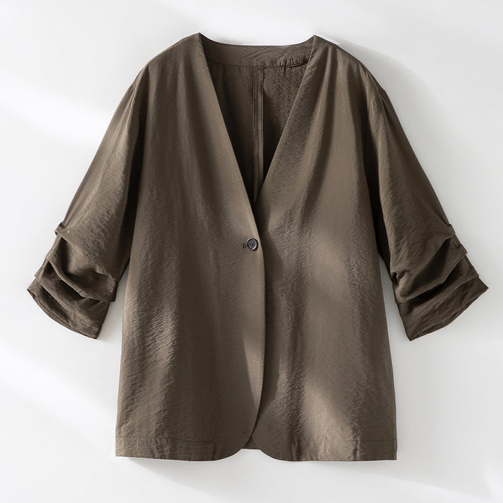 Women's Light Oversize Blazer with V-Neck, Single-Button Closure and Gathered Three-Quarter Sleeves Mune Fashion