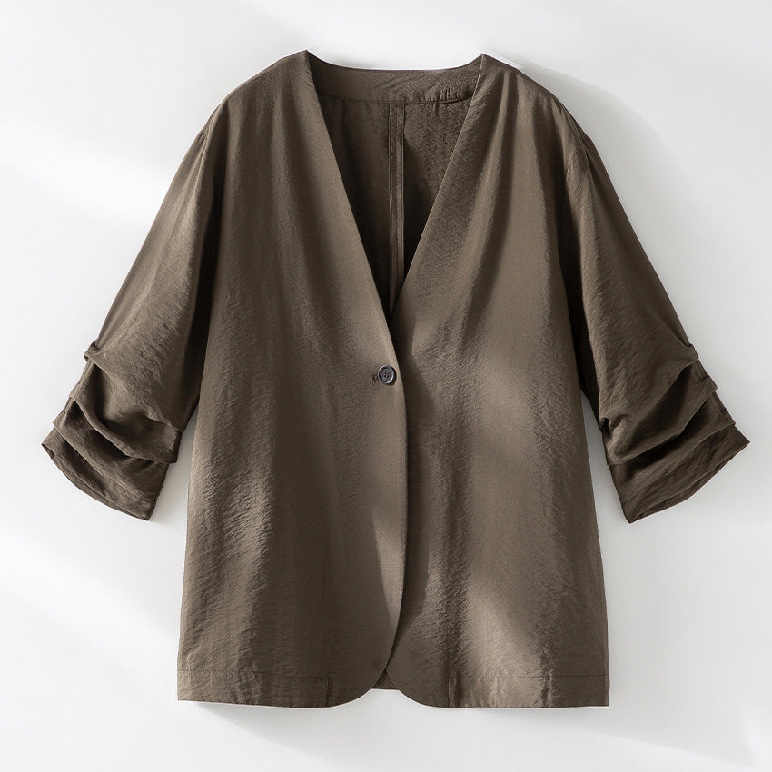 Women Lightweight Oversized Blazer with Deep V-Neck and Ruffled Sleeves Mune Fashion