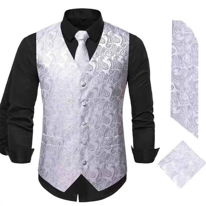Men's Nan Paisley Satin Suit Vest Set with Tie and Pocket Square Mune Fashion