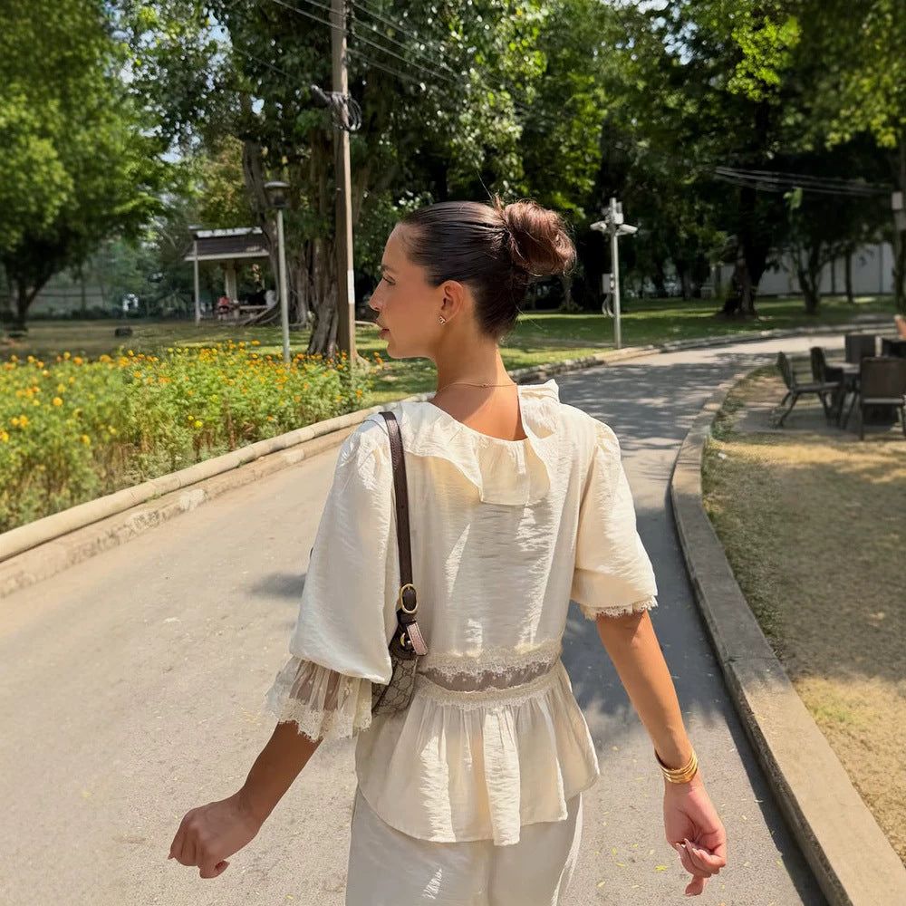 Women Romantic Linen Blouse with Ruffles, Lace Inserts & Cord Closure Mune Fashion