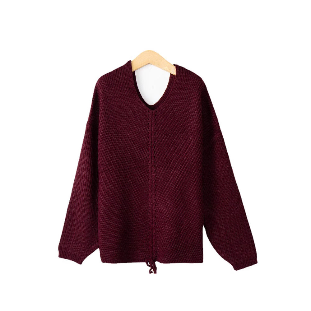 Women's knit sweater with cable center seam, V-neck and drawstring Mune Fashion