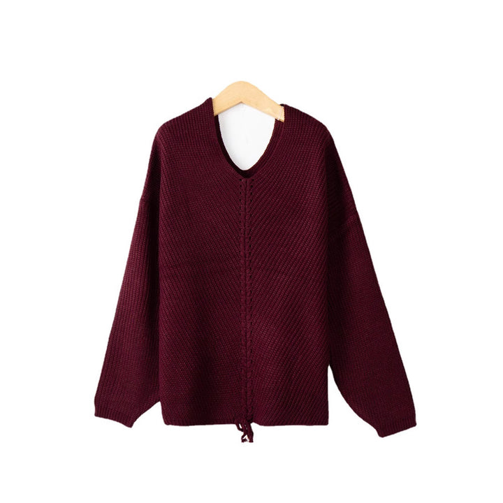 Women's knit sweater with cable center seam, V-neck and drawstring Mune Fashion