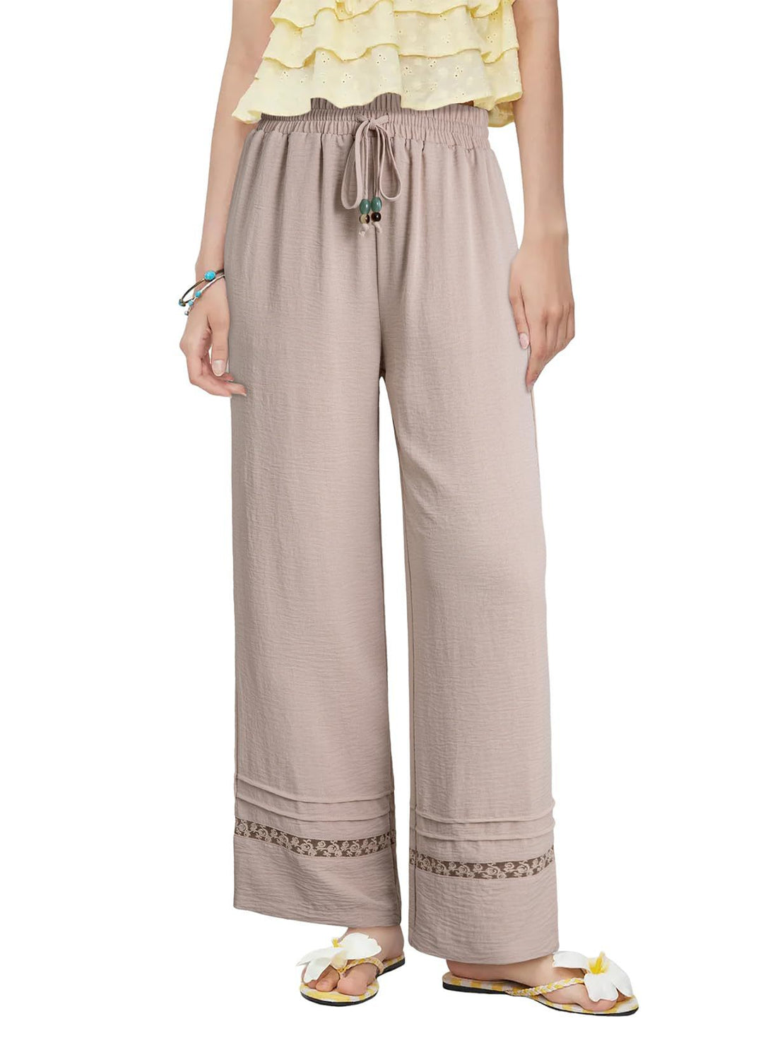 Women's wide linen-look pants with high elastic waistband, drawstring and lace insert Mune Fashion