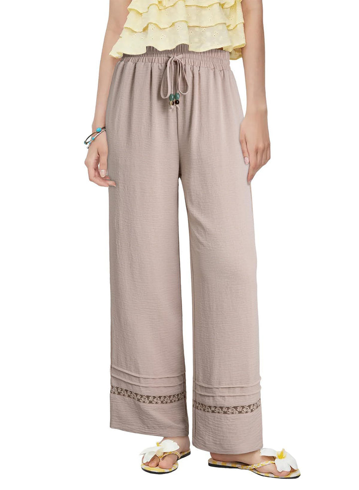 Women's wide linen-look pants with high elastic waistband, drawstring and lace insert Mune Fashion