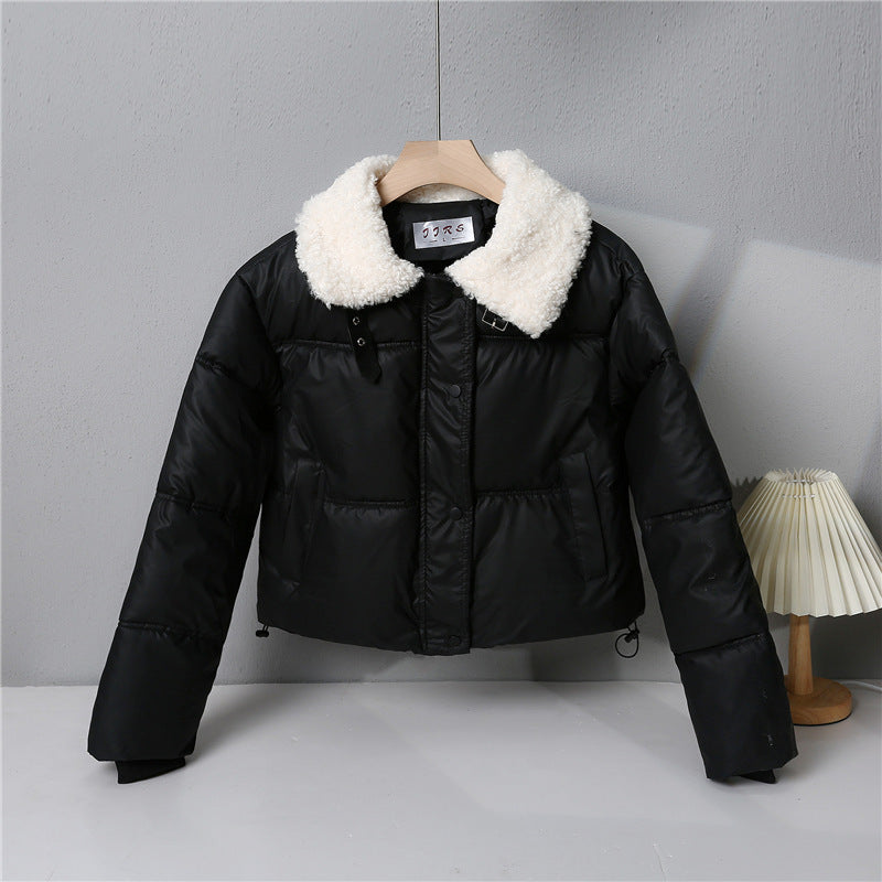 Women's short quilted winter jacket with wide teddy collar and drawstring Mune Fashion