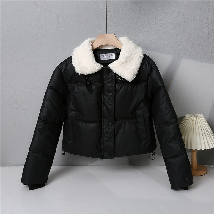Women's short quilted winter jacket with wide teddy collar and drawstring Mune Fashion