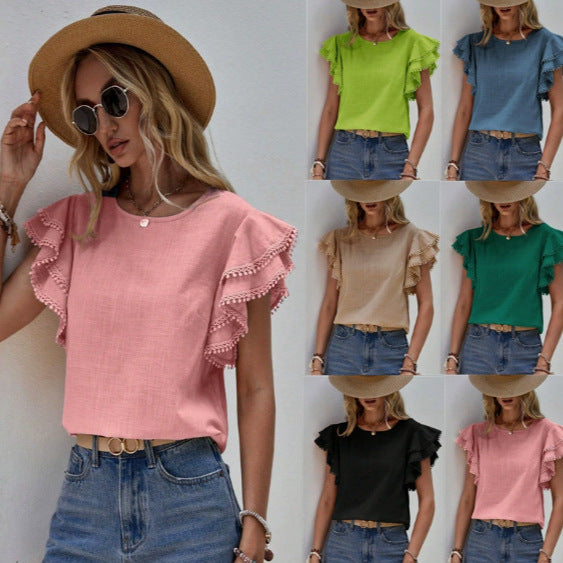 Women’s blouse with ruffled sleeves and pompom lace trim Mune Fashion