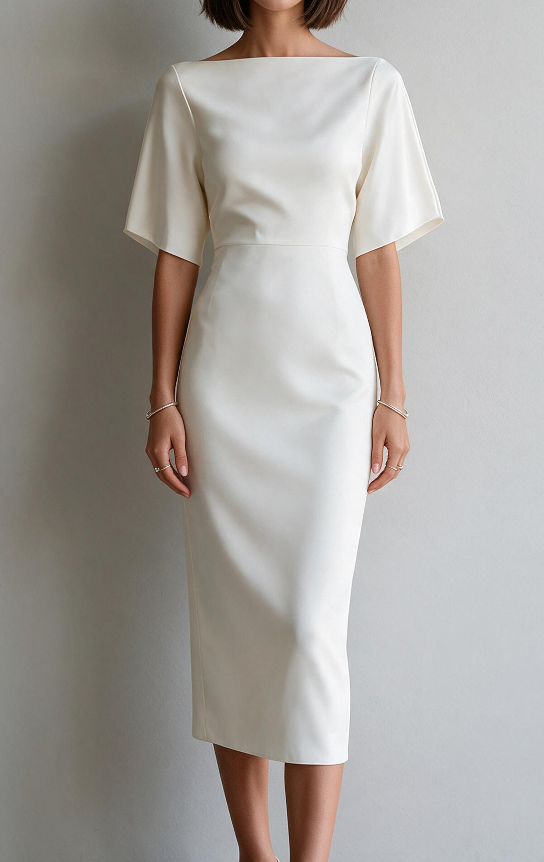 Ladies sheath dress with boat neck and kimono-like 3/4 sleeves Mune Fashion