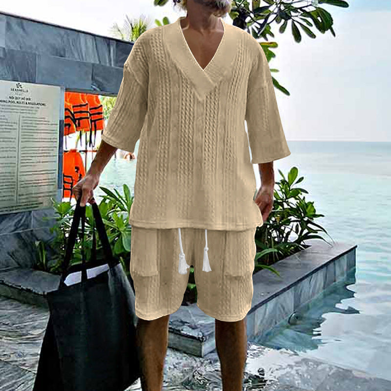 Men's casual knit set with V-neck, short sleeve oversized and drawstring shorts Mune Fashion