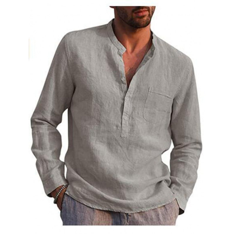 Men's Lightweight Linen Shirt with Stand Collar, Half Button Placket and Chest Pocket Mune Fashion