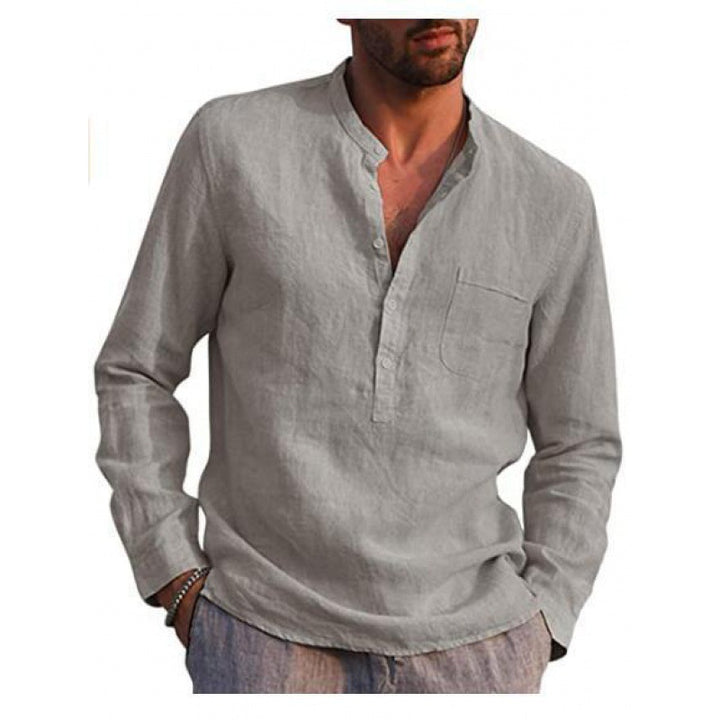 Men's Lightweight Linen Shirt with Stand Collar, Half Button Placket and Chest Pocket Mune Fashion
