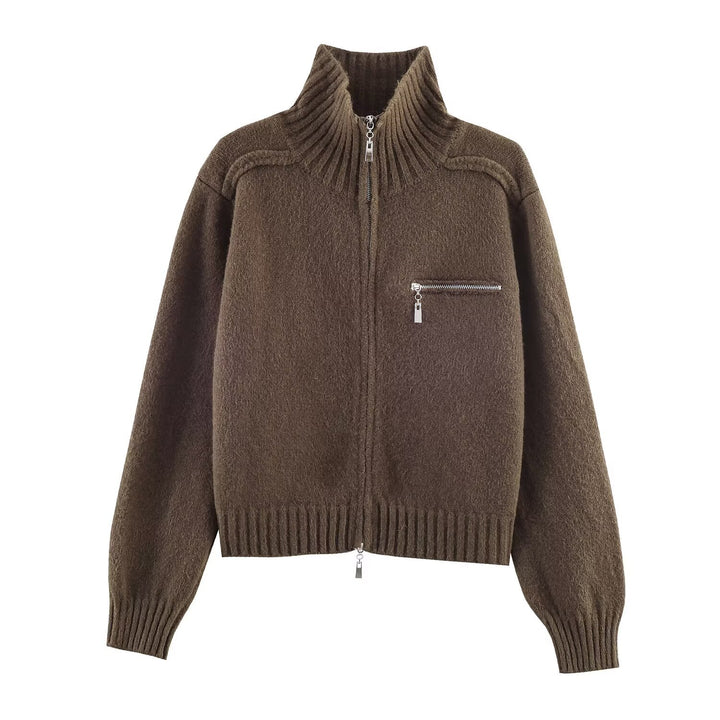 Women's Chunky Knit Zip-Up Cardigan with High Ribbed Collar and Chest Pocket Mune Fashion