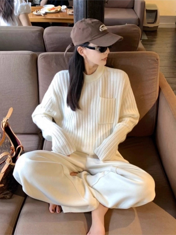 Women's Oversized Rib Knit Sweater with Chest Pocket and Mock Neck Mune Fashion